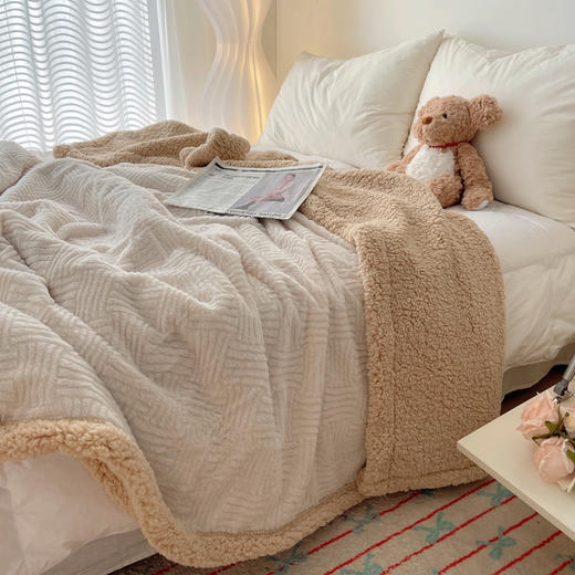 双面绒更温暖~ins纯色提花秋冬加厚兔毛绒毛毯羊羔绒午休毯午睡沙发盖毯幼儿园毯盖被 商品图0
