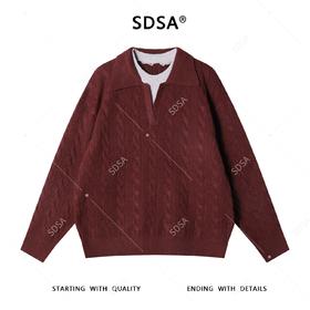 SDSA秋冬新款痞帅男装韩版纽花拼接圆领翻领假两件毛衣简约休闲
