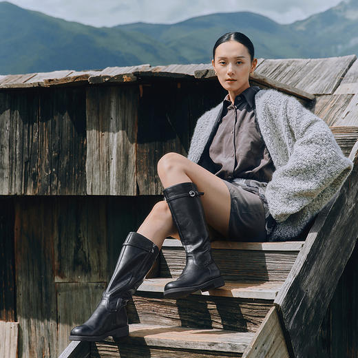 千百度中跟粗跟骑士靴女加绒保暖高筒长靴时尚瘦瘦靴A25596602 商品图4