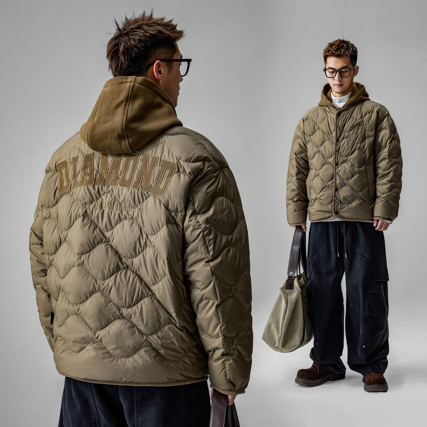 徐太浪【字母刺绣 假两件】辑格连帽羽绒服男冬季厚款防寒服外套