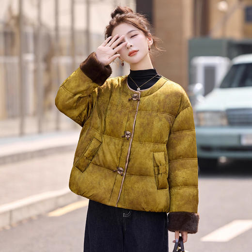 新中式国风羽绒服，复古印花加厚保暖白鸭绒红色短外套HR-YAX2538 商品图1