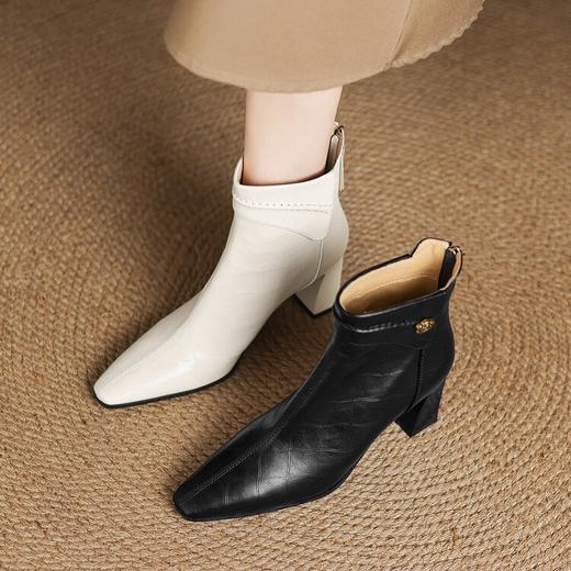 【预售5天】山茶花法式高跟短靴女新款时尚小方头显瘦真皮粗跟马丁靴单靴DS&1906 商品图4