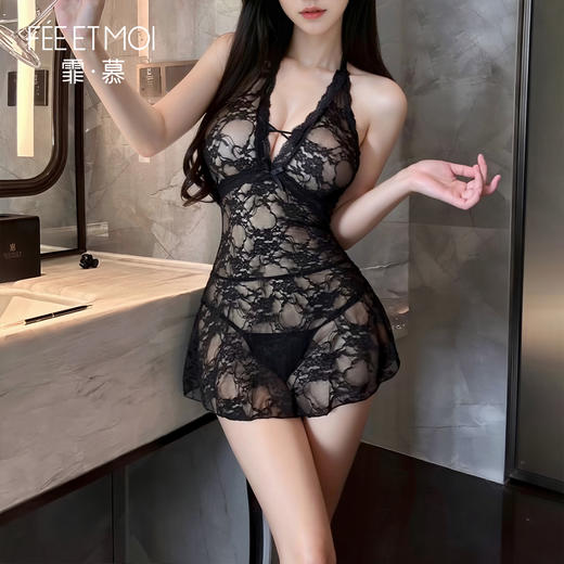 【情趣内衣】霏慕 纯欲复古蕾丝挂脖睡裙6535 商品图2