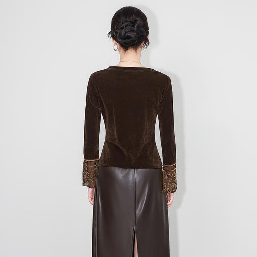 「高货wl」全新升级【铂金会员275/天猫369/差价94】(81126)洛诗琳复古丝绒打底衫2025秋冬钉珠刺绣欧根纱拼接上衣 商品图2