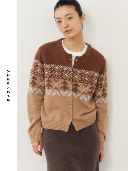 费尔岛圆领提花羊绒小开衫 商品图0