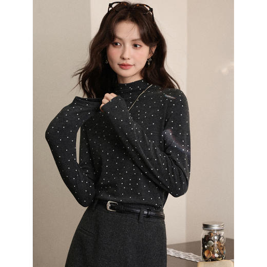 鹿向南「半糖记忆」灰色波点长袖T恤女秋季百搭显瘦半高领打底衫 商品图0