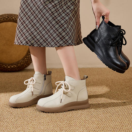 头层牛皮靴子女2025新款秋冬皮靴真皮软底系带短靴厚底防滑马丁靴 商品图0