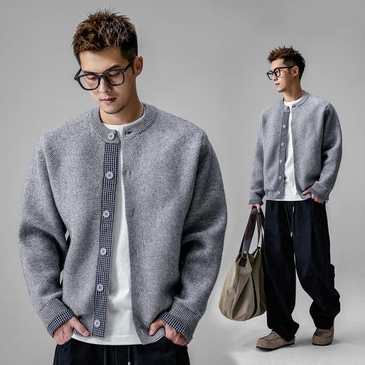 徐太浪【拼接格子 扣子开襟】灰色开衫毛衣男秋冬休闲针织衫外套 商品图0