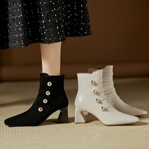 【预售5天】秋冬优雅方头高跟粗跟短筒靴子磨砂质感切尔西靴YS&YSX7113 商品图0