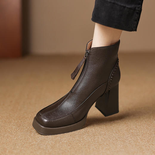【预售5天】前拉链厚底超高跟短靴女秋冬真皮方头加绒马丁靴百搭瘦瘦靴ASN&3097 商品图1
