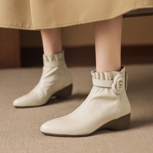 【预售5天】巨软羊皮中跟短靴女秋冬季法式粗跟小踝靴显瘦圆头后拉链靴子YF&A90102 商品图1