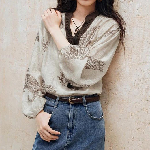 馥迦法式复古印花宽松天丝亚麻衬衫 商品图5