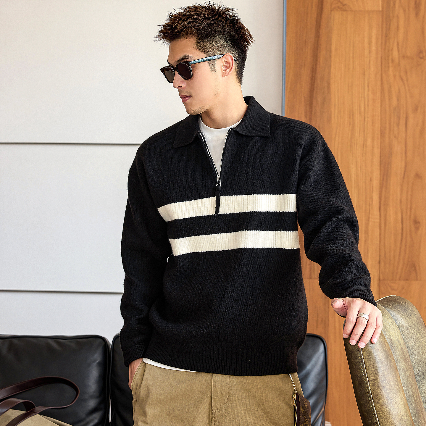 徐太浪【830g重磅 撞色条纹】半拉链毛衣男秋冬加厚保暖内搭上衣