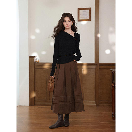 鹿向南「墨色雅致」黑色法式不对称斜领长袖T恤秋冬季修身女上衣 商品图1