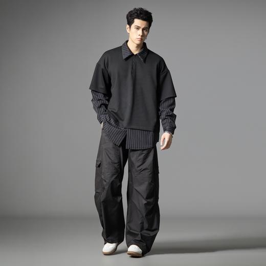 PINLI品立2025秋季新款衬衫领拼接条纹卫衣假两件宽松休闲上衣潮B253109053 商品图4