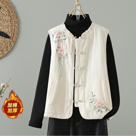 GYH 3753复古木耳边V领对襟盘扣无袖薄棉马甲 商品图0