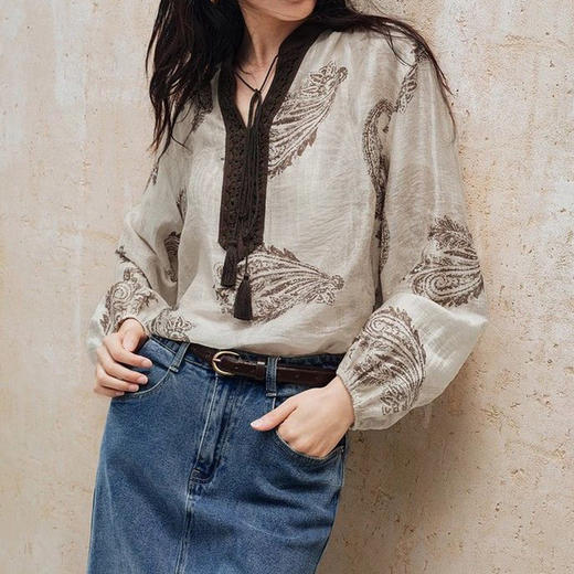 馥迦法式复古印花宽松天丝亚麻衬衫 商品图1