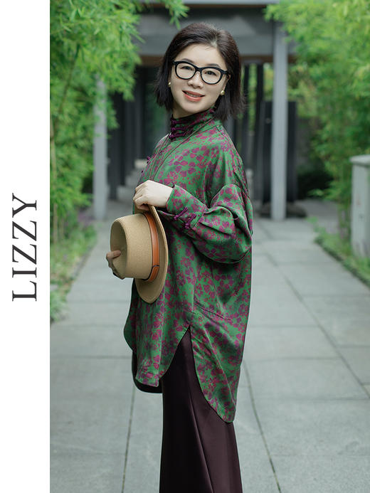 LIZZY复古优雅性中式立领偏襟开叉宽松印花香云纱桑蚕丝上衣8171 商品图2
