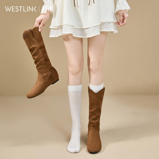 西遇美拉德长筒靴女新款秋冬不过膝高筒长靴子平底西部牛仔靴V2157193 商品图2