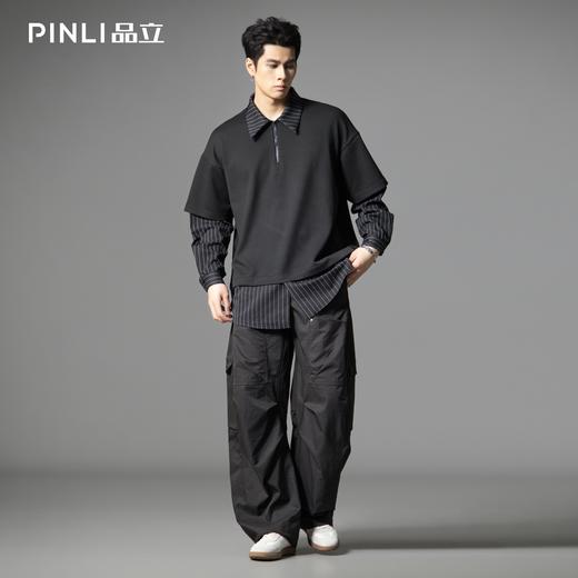 PINLI品立2025秋季新款衬衫领拼接条纹卫衣假两件宽松休闲上衣潮B253109053 商品图1