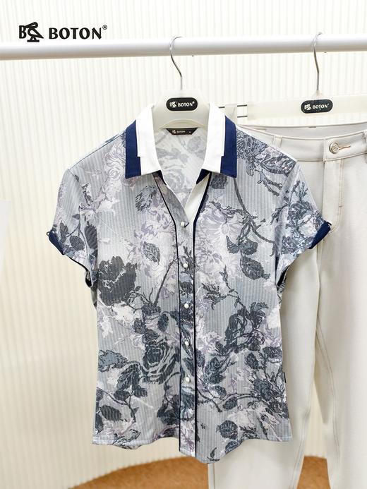 【第2件半价！尾货清仓不退换】波顿女士夏季 针织衫 花印短袖 柔滑修身撞色领设计款LT165 商品图1