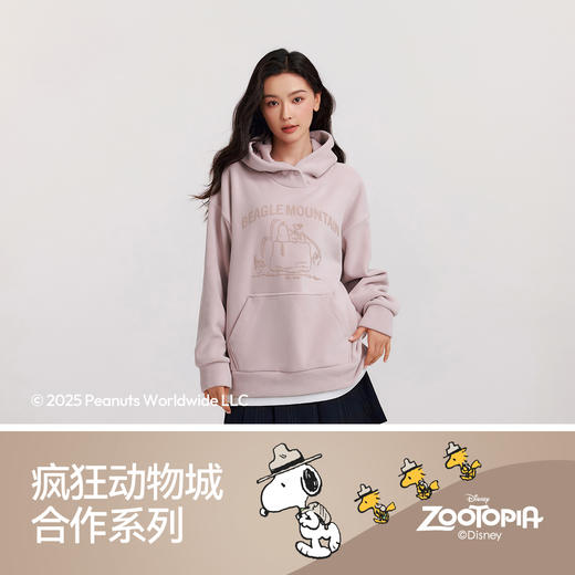 森马史努比系列卫衣女中长款假两件图案冬oversize摇粒绒连帽衣服 商品图4