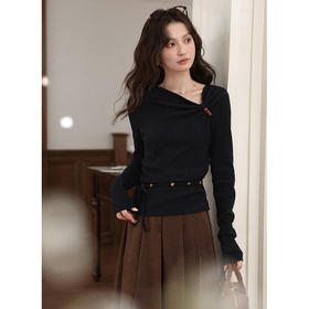 鹿向南「墨色雅致」黑色法式不对称斜领长袖T恤秋冬季修身女上衣