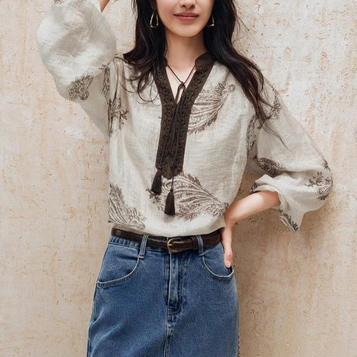 馥迦法式复古印花宽松天丝亚麻衬衫 商品图4