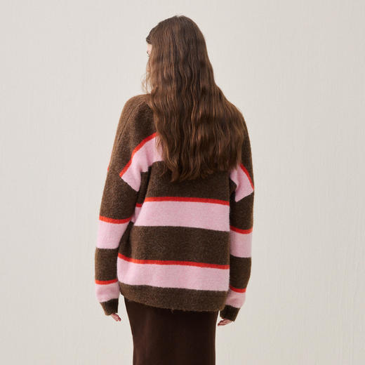 谜底V领针织开衫长袖2025年冬季新品亲肤柔滑条纹毛衣女254MZ1905 商品图2