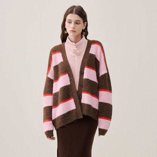 谜底V领针织开衫长袖2025年冬季新品亲肤柔滑条纹毛衣女254MZ1905 商品图1