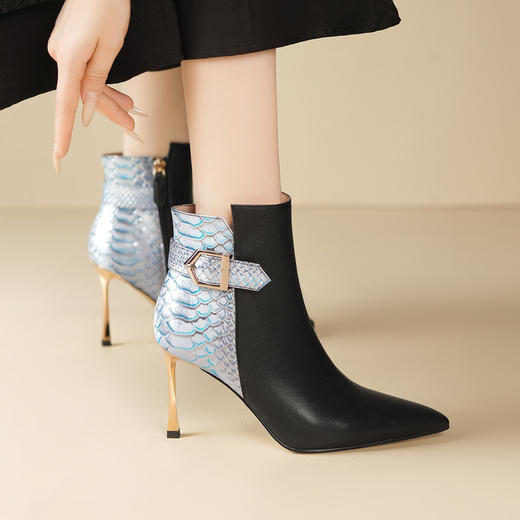 【预售7天】小众时尚高跟短靴女新款真皮尖头细跟侧拉链瘦瘦靴HY&M1216-1 商品图2