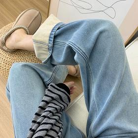 【一条过冬】2025冬日王炸浅蓝色水貂绒阔腿牛仔裤女高腰显瘦直筒长裤！