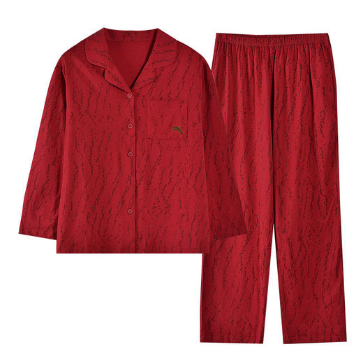 情侣睡衣纯棉长袖长裤开衫拉架棉套装秋季薄款简约红色翻领家居服   JL-NQT9056/NQT8056 商品图4
