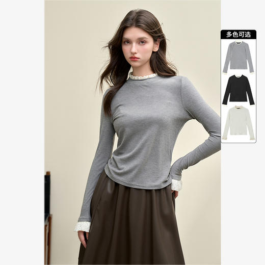 德绒保暖假两件设计简约木耳边长袖T恤女修身打底衫V3942677 商品图0