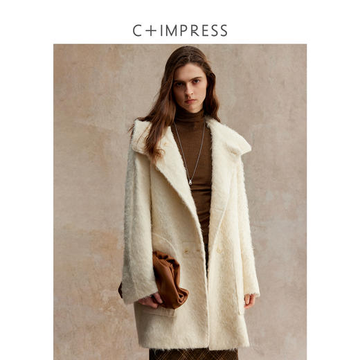 重磅马海毛澳毛蓬松丰盈咩咩卷双排扣连帽茧型大衣 商品图0