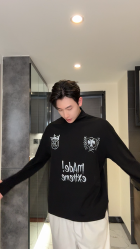 T4896SDSA秋冬新款痞帅男装潮牌手绘字母印花半高领长袖T恤百搭打底衫