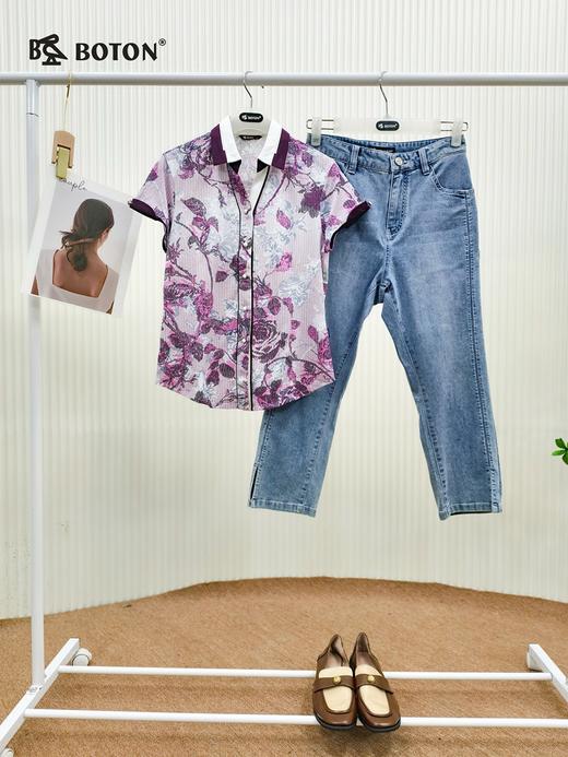 【第2件半价！尾货清仓不退换】波顿女士夏季 针织衫 花印短袖 柔滑修身撞色领设计款LT165 商品图3