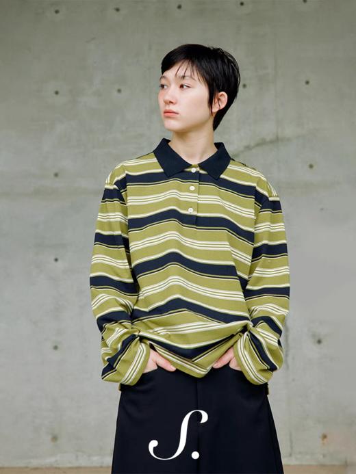 shyshystill/shy202411043/缤纷撞色粗细宽条纹松弛感复古休闲polo长袖 商品图0