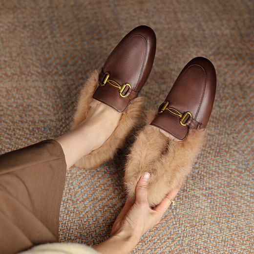 【预售5天】软牛皮复古平底乐福鞋女一脚蹬兔毛毛鞋金属扣休闲鞋MBJR&5149-2 商品图1