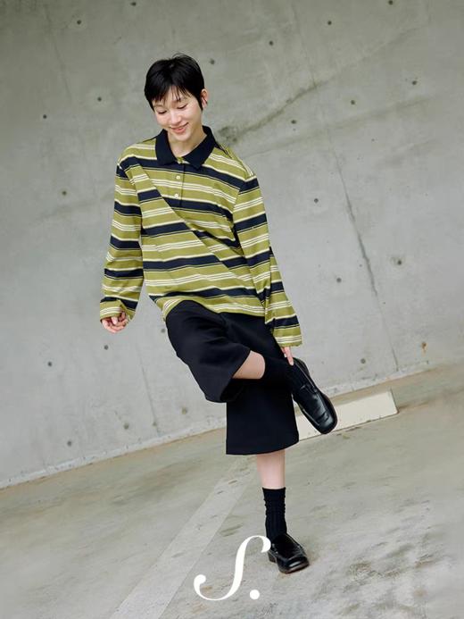 shyshystill/shy202411043/缤纷撞色粗细宽条纹松弛感复古休闲polo长袖 商品图2