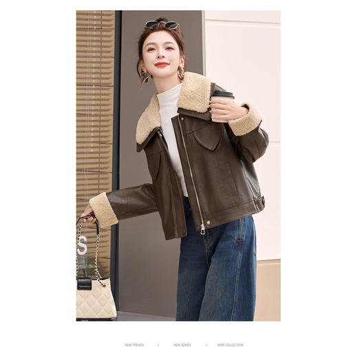 羊羔毛拼接加绒黑色皮衣，加厚保暖小个子皮夹克外套HR-9802 商品图3