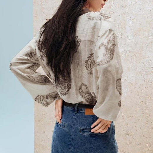 馥迦法式复古印花宽松天丝亚麻衬衫 商品图3