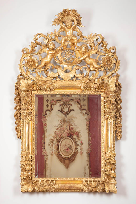 独角鹿西洋古董18世纪末法国出品路易十五风格爱神小天使主题木鎏金精雕大型挂镜 商品图0