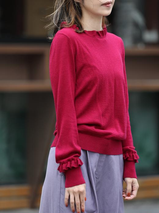 TYNVIE 荷叶边饰边袖口针织毛衣 - 酒红色 商品图4