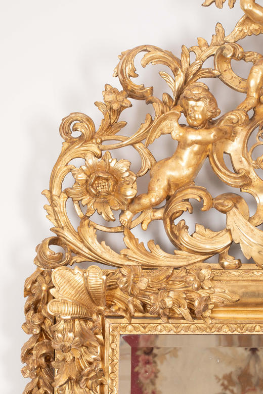 独角鹿西洋古董18世纪末法国出品路易十五风格爱神小天使主题木鎏金精雕大型挂镜 商品图1