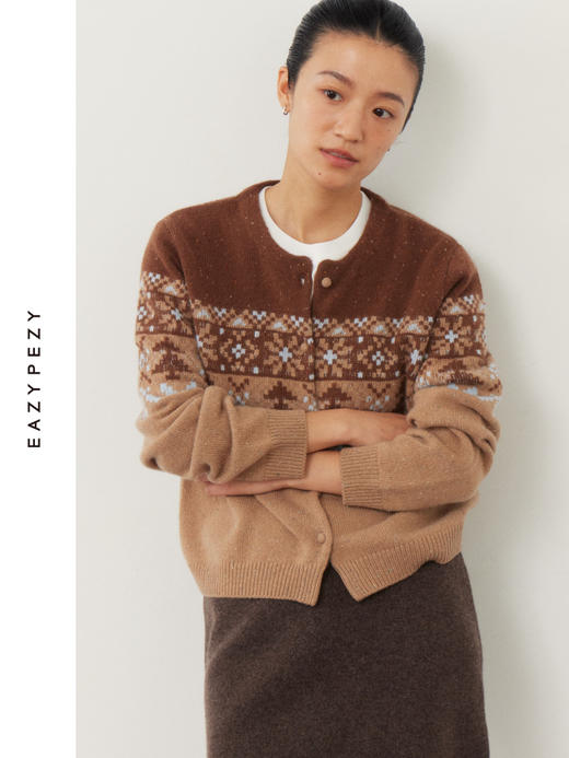 费尔岛圆领提花羊绒小开衫 商品图2