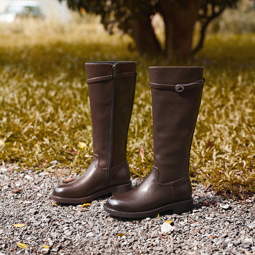 千百度中跟粗跟骑士靴女加绒保暖高筒长靴时尚瘦瘦靴A25596602 商品图1