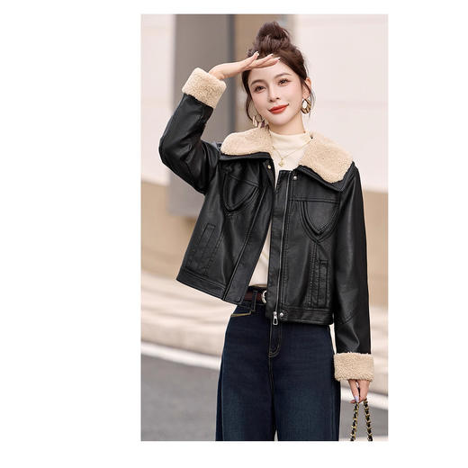 羊羔毛拼接加绒黑色皮衣，加厚保暖小个子皮夹克外套HR-9802 商品图2
