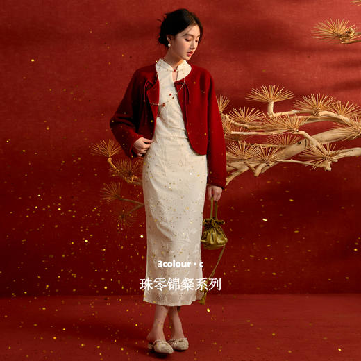 三彩【白雪红梅】2025冬季新款修身连衣裙开叉收腰长裙C 商品图1