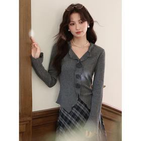 鹿向南「银霜沐光」长袖灰色T恤女秋季法式显瘦设计感针织衫上衣